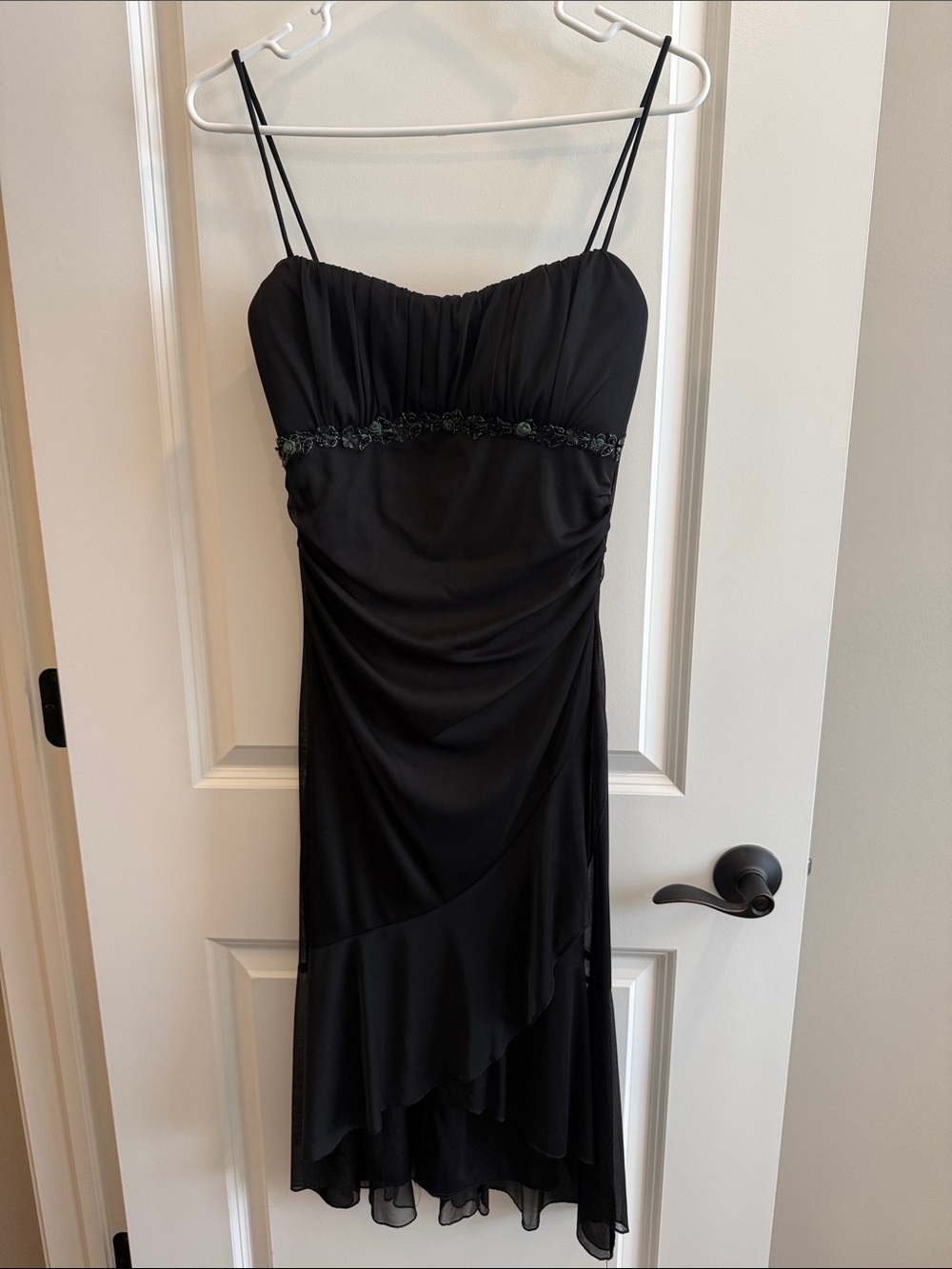 Ruby Rox Black Ruched Midi Dress with Beaded Accent